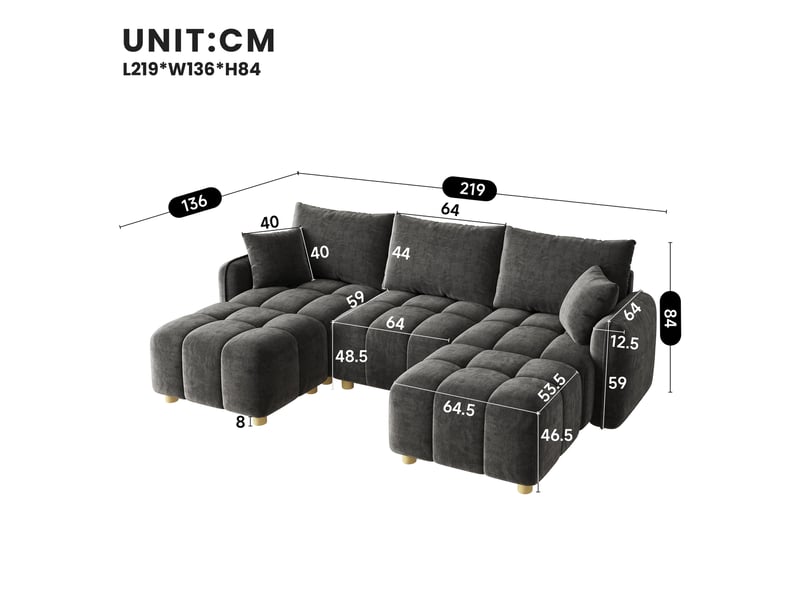 Canapé d’angle modulable 5 places 219x136x84 cm, lu convertible, 2 poufs, coussins inclus, tissu chenille, accoudoirs larges, gris Sol Morn - Conforama C
