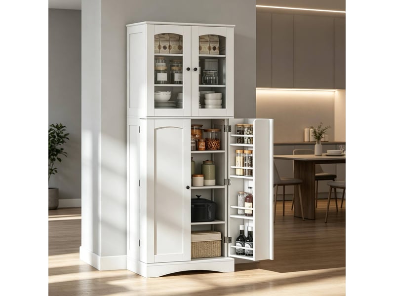  Buffet de cuisine blanche 60 x 40 x 162 cm avec vitrines en acrylique, étagères réglables  - Conforama B