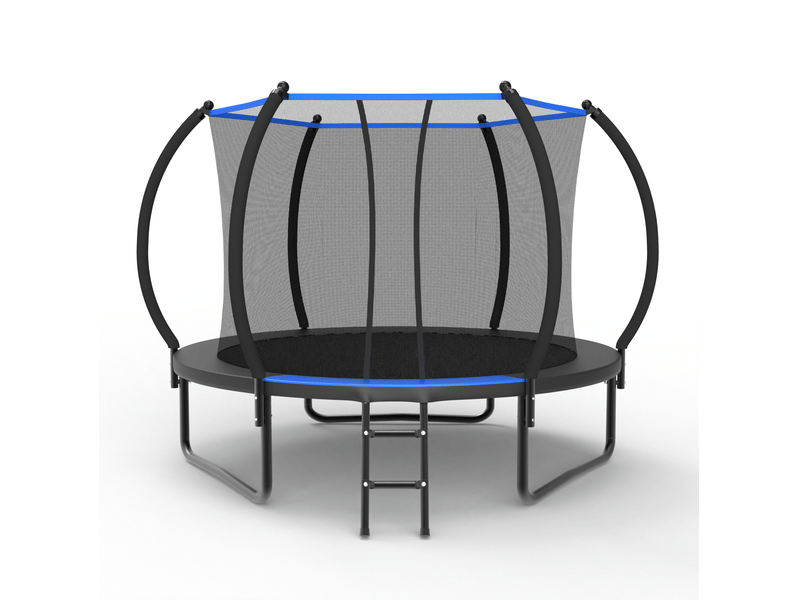 Trampoline rond 305 cm noir et bleu en acier avec filet de sécurité et échelle pour jardin extérieur