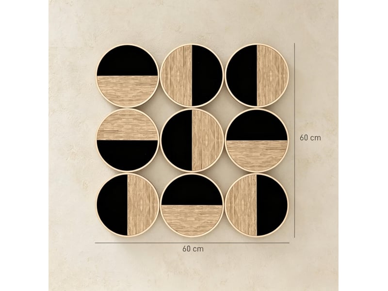 Décoration murale 3d en métal, mdf et miroir, 60 x 60 cm, design géométrique noir et bois clair - Conforama C
