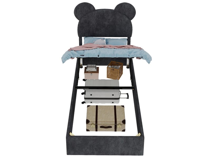  Lit rembourré moderne 90x200 cm avec tête de lit cartoon coffre hydraulique velours chambre enfant, sans matelas, gris  - Conforama A