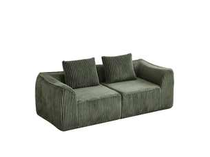 Canapé compressé 2 places sans montage, assise extra-large, dossier et accoudoirs incurvés, 2 coussins, mousse et ressorts, velours côtelé vert