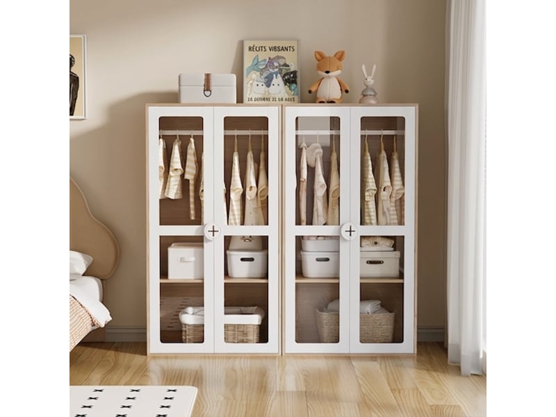  Lot de 2 armoires enfant avec penderie et portes en acrylique transparent, bois et blanc, 160x50x150 cm  - Conforama B