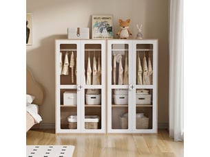 Lot de 2 armoires enfant avec penderie et portes en acrylique transparent, bois et blanc, 160x50x150 cm