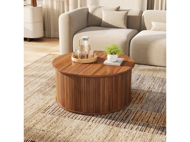  Table basse ronde en mdf 88×88×53,5 cm, avec plateau relevable, coffre à couvercle, socle cylindrique et relief strié  - Conforama B