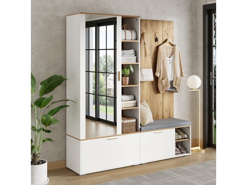  Meuble d'entrée 160x38x180cm avec banc rembourré, meuble à chaussures à abattants, miroir, tringle extensible et 4 patères, blanc et naturel  - Conforama C