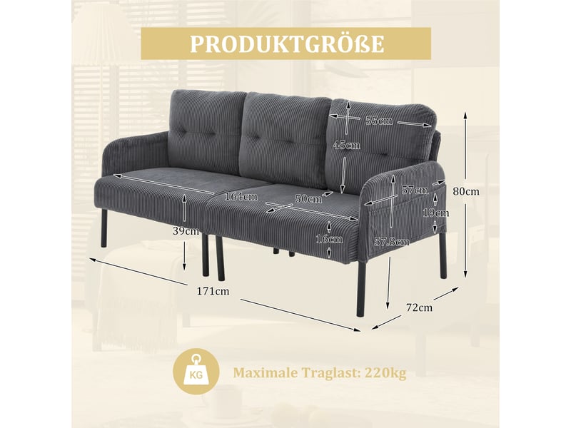  Canapé 3 places 171 x 72 x 80 cm, assise rembourrée, dossier haut, poches latérales, pieds en métal, velours côtelé, gris Seren Glow - Conforama C