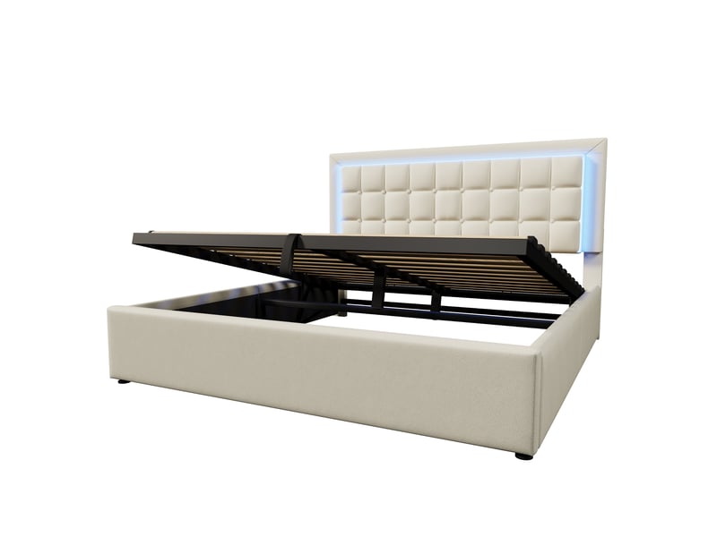  Lit coffre 140x200 cm blanc simili-cuir avec éclairage led et sommier à lattes – style contemporain, sans matelas  - Conforama A