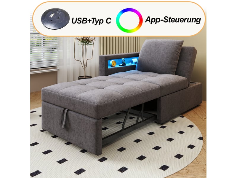  Fauteuil gigogne 177x68x65 cm, design 3-en-1 transformable, dossier ajustable, led, charge, accoudoirs, lin, gris foncé  - Conforama E