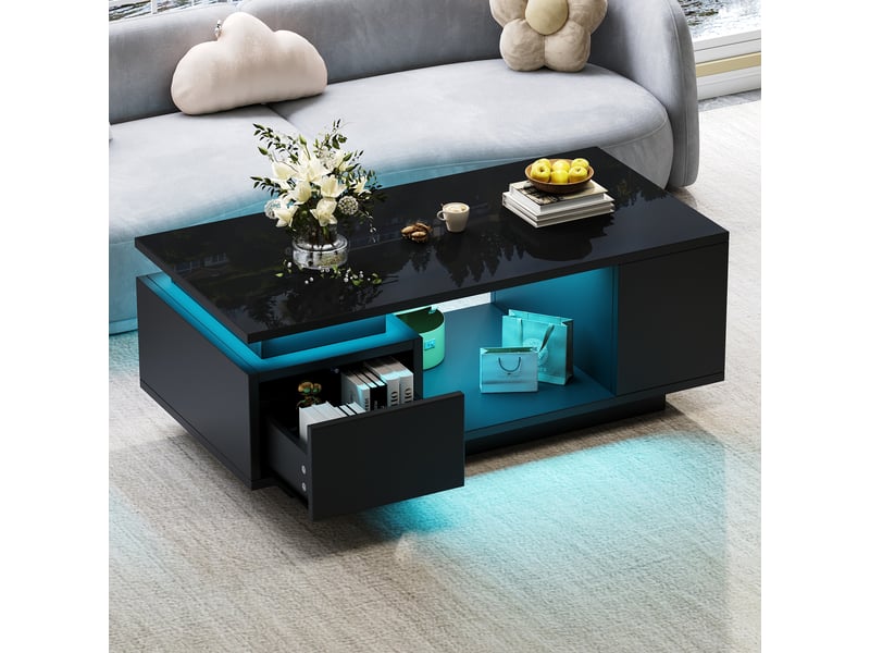  Table basse noire avec led 100x50 cm - table de salon avec tiroir et rangements finition brillante  - Conforama E