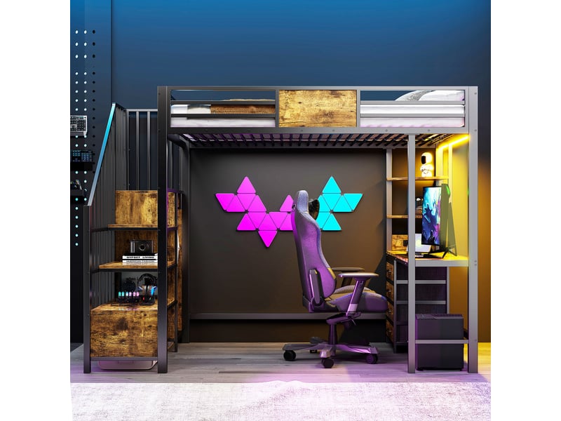  Lit mezzanine en métal 90*200 avec bureau, étagères, penderie, led et prise, noir multifonctionnel  - Conforama C