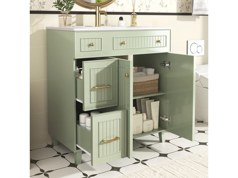  Meuble vasque salle de bain sur pied 81,7 cm avec rangement, vasque céramique et finition laquée  - Conforama R