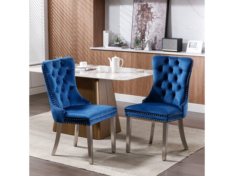 Chaises de salle à manger velours de1701bl bleues lot de 2 avec pieds acier chromé et clous décoratifs - Conforama B