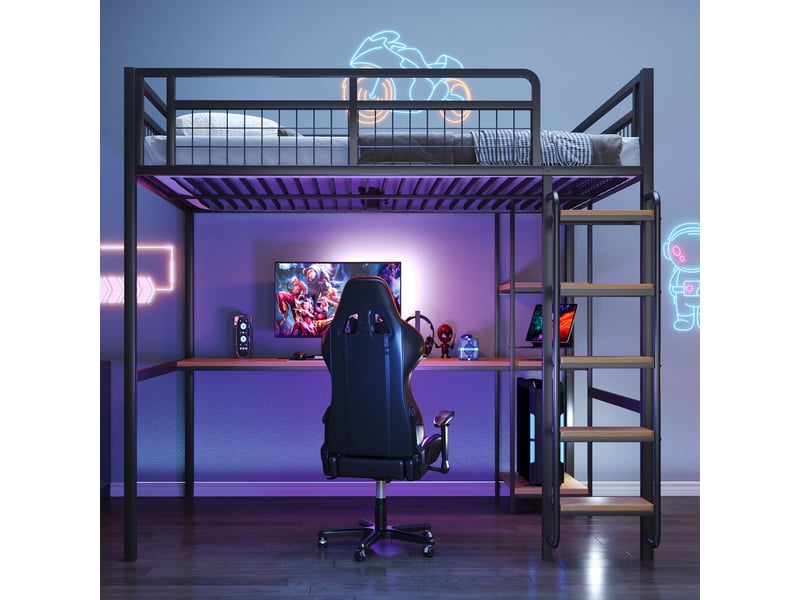  Lit surélevé en métal 140x200 cm noir, marches, table, rangements, barrière de sécurité et cadre solide  - Conforama D