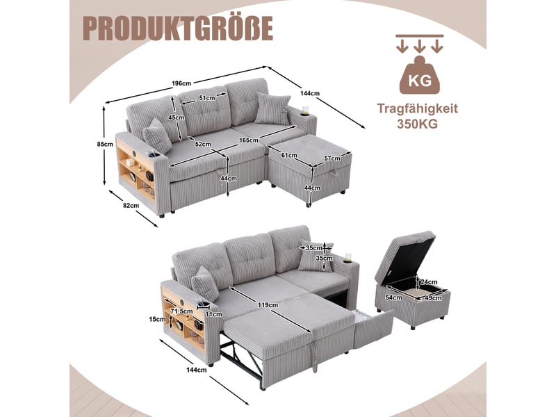  Canapé de salon, canapé velours – en velours tricoté, avec rangement, porte-gobelets, avec accoudoirs, lit gigogne, port usb  - Conforama R