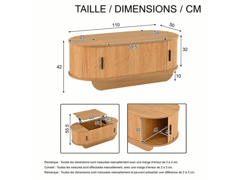  Table basse relevable ovale 100x50 cm, plateau réglable, portes à rideaux latérales, grand espace de rangement, couleur bois naturel  - Conforama C