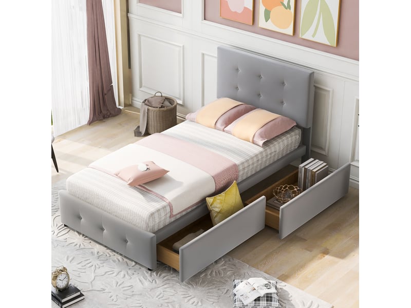 Lit simple 90x200 cm avec tiroirs, sommier à lattes et tête de lit réglable gris - Conforama C