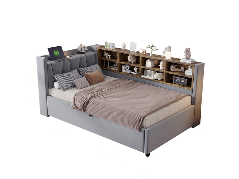  Lit coffre modenvie 90 x 200 cm en velours gris clair avec veilleuse usb type-c et rangements  - Conforama A