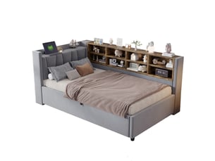Lit coffre modenvie 90 x 200 cm en velours gris clair avec veilleuse usb type-c et rangements