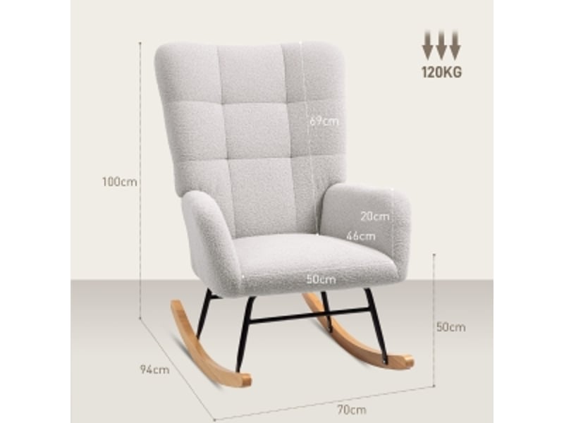  Fauteuil à bascule gris clair avec accoudoirs, tissu aspect velours teddy, pour chambre et salon  - Conforama B