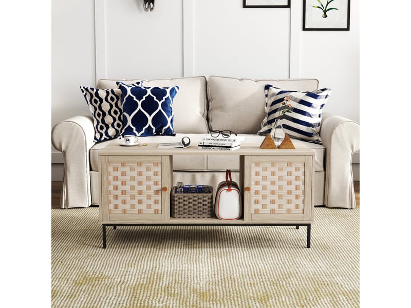  Table basse rectangulaire avec rangement et 4 portes coulissantes, 106 x 50 x 47,5 cm, coloris chêne  - Conforama D