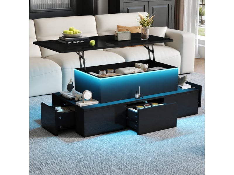  Table basse relevable noire avec rangement, 4 tiroirs, led, 100 x 50 cm, finition brillante  - Conforama D