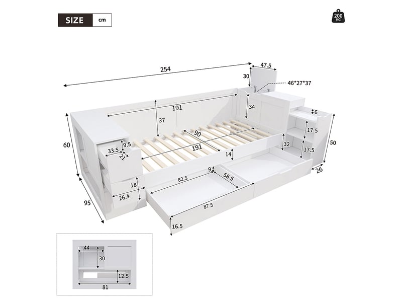  Lit enfant 90x190 cm avec tiroirs, étagères et placards de rangement, tables de chevet, sommier à lattes, structure en mdf, blanc  - Conforama D
