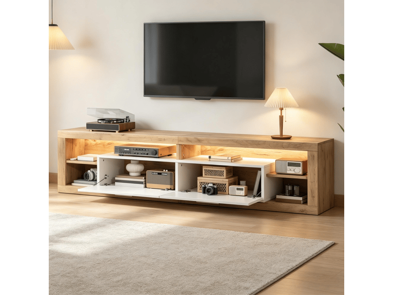  Meuble tv 180 x 35,5 x 50 cm avec led, 2 tiroirs, 4 niches, naturel et blanc  - Conforama E