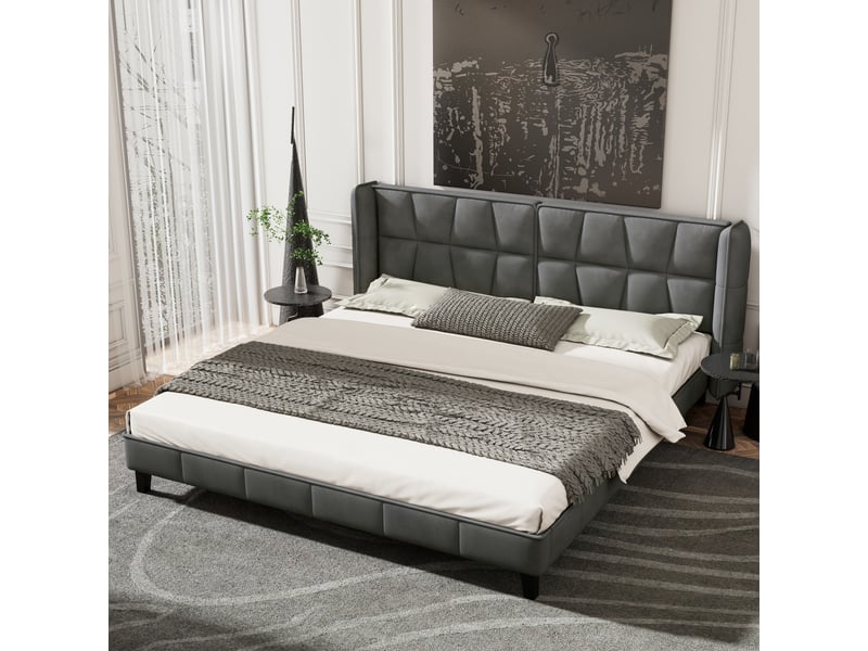  Lit rembourré 180 x 200 cm avec sommier à lattes et tête de lit, lit enfant, pour adultes et adolescents, support à lattes en bois, montage facile, velours, gris  - Conforama B