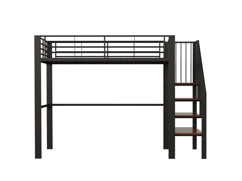Lit mezzanine 140x200 cm en métal, escalier et grand espace de rangement, gain de place - Conforama A