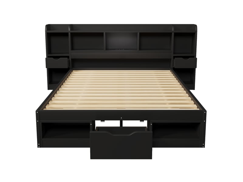  Cadre de lit plateforme (140 x 200 cm), avec tête et pied de lit intégrant un espace de rangement, 3 tiroirs, plusieurs compartiments de rangement, bande lumineuse led et port usb, noir  - Conforama D
