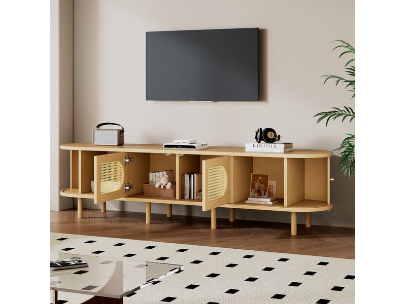  Meuble tv avec 2 portes, 2 portes coulissantes et 8 pieds, style naturel, pour salon, 180 × 40 × 40 cm  - Conforama B