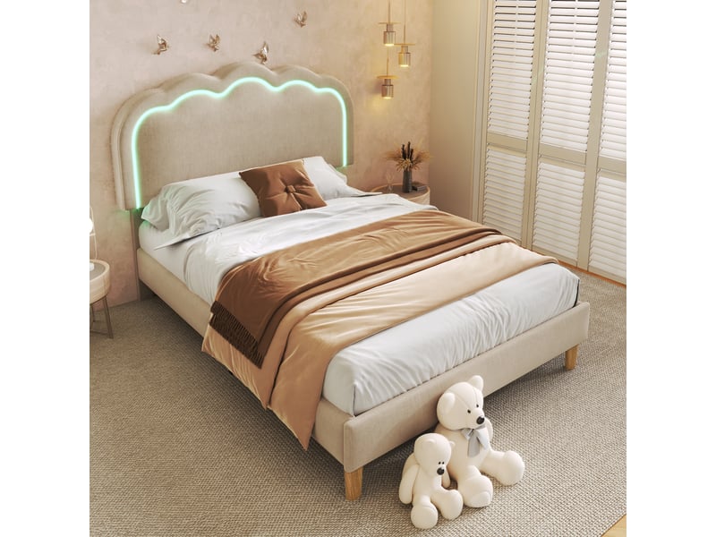  Lit simple 90x190 capitonné beige avec éclairage led et tête de lit réglable - revêtement lin  - Conforama D