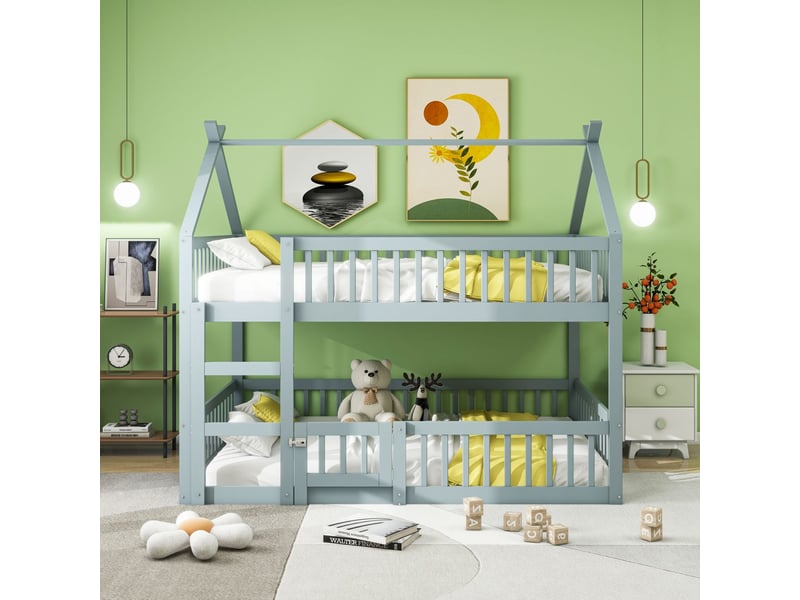  Lit superpose cabane 140x200, structure bois massif lit superposé enfant, garde-corps haut sécurité, escalier intégré, gain d'espace, couleur grise  - Conforama B