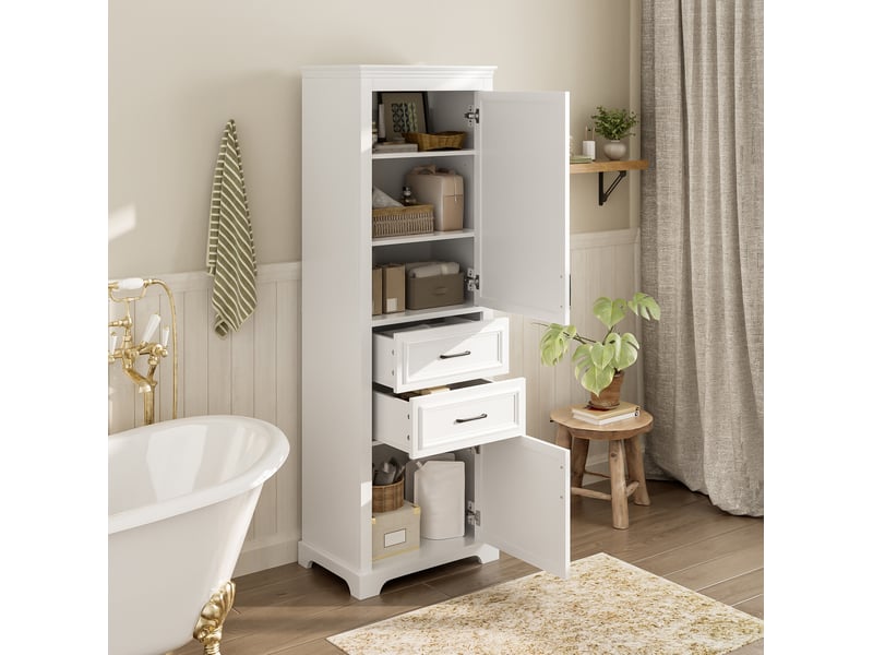  Armoire salle de bain 60x40x180 cm, 2 tiroirs et 2 portes, armoire de rangement, design moderne, en mdf, blanc  - Conforama D