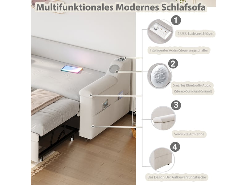  Lit canapé capitonné 90180*190 cm, enceinte bluetooth, usb, compartiments, velours beige  - Conforama E