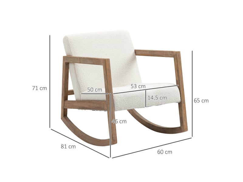  Fauteuil à bascule ulevr avec coussins rembourrés en tissu bouclette blanc crème, cadre en bois d'hévéa, 60 x 81 x 71 cm  - Conforama D
