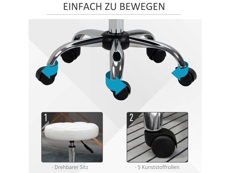  Tabouret roulant 35,5x51-67 cm, pivotant, réglable, avec roulettes, pour bureau et salon de coiffure, similicuir blanc  - Conforama D
