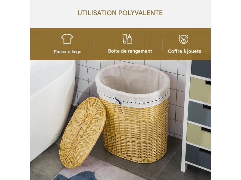  Panier à linge en osier avec couvercle et sac amovible naturel 51x38x57 cm  - Conforama D