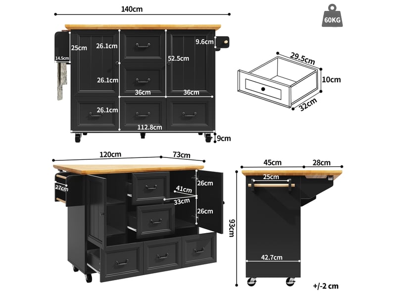  Îlot de cuisine 140x45(73)x93 cm, 5 tiroirs, 2 portes, roulettes, plateau pliable, pour cuisine, en mdf, bois et noir  - Conforama C