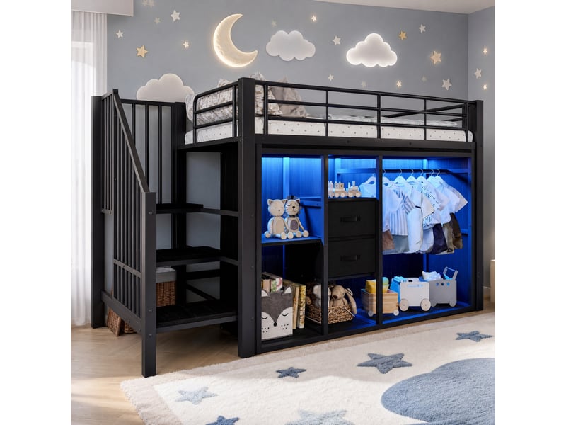 Lit mezzanine mi-hauteur, lit simple avec 2 tiroirs, penderie ouverte et led, 90x200 cm, sans matelas, noir - Conforama C