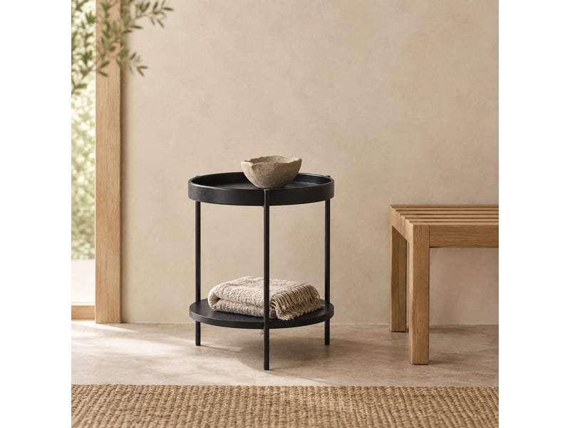  Table d’appoint ronde à 2 plateaux 44x44x48 cm noire en bois et mdf  - Conforama C