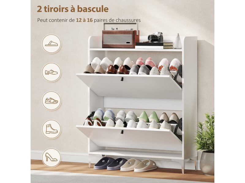  Meuble à chaussures 16 paires, armoire à chaussures avec 2 tiroirs rabattables, étagères réglables, 80x24x101cm, blanc  - Conforama E