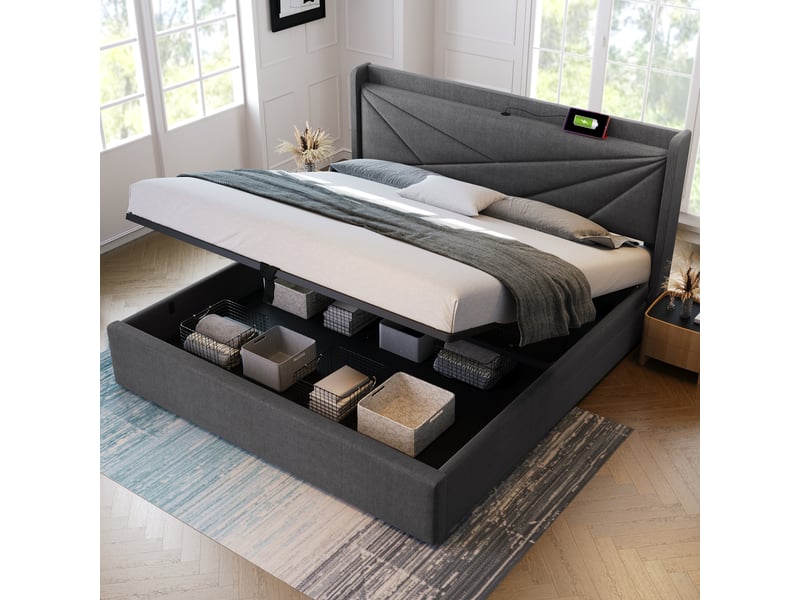 Lit avec rangement en coton lin gris 160 x 200 cm - Conforama D