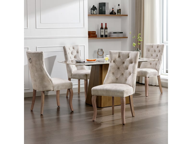  Lot de 4 chaises de salle à manger en velours beige clair, dossier haut  - Conforama D