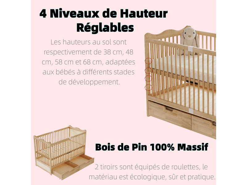 Lit bébé naturel 70 x 140 cm en pin massif, sommier réglable sur 4 niveaux, tête ondulée et 2 tiroirs à roulettes  - Conforama D