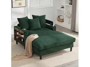 Chaiselongue fixe 1 place en velours côtelé vert émeraude avec led, usb, rangement et 2 porte-gobelets