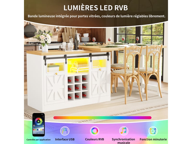 Îlot de cuisine extensible 120–197x40x72 cm avec plateau pivotante 360°, casier à bouteilles, rgb led et portes vitrées, blanc - Conforama E