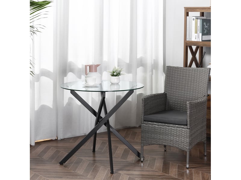  Table de salle à manger ronde avec plateau en verre trempé et pieds croisés réglables en acier noir 80 × 80 × 75 cm  - Conforama B
