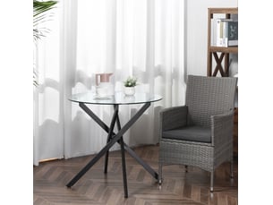 Table de salle à manger ronde avec plateau en verre trempé et pieds croisés réglables en acier noir 80 × 80 × 75 cm